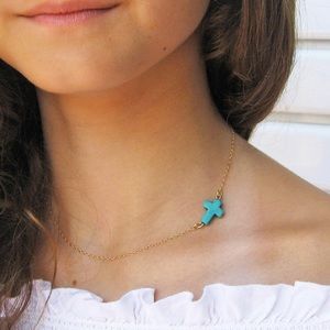Turquoise cross necklace gold shabby chic rustic